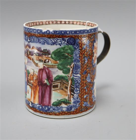 A Chinese export figural mug, metal handle height 13.5cm